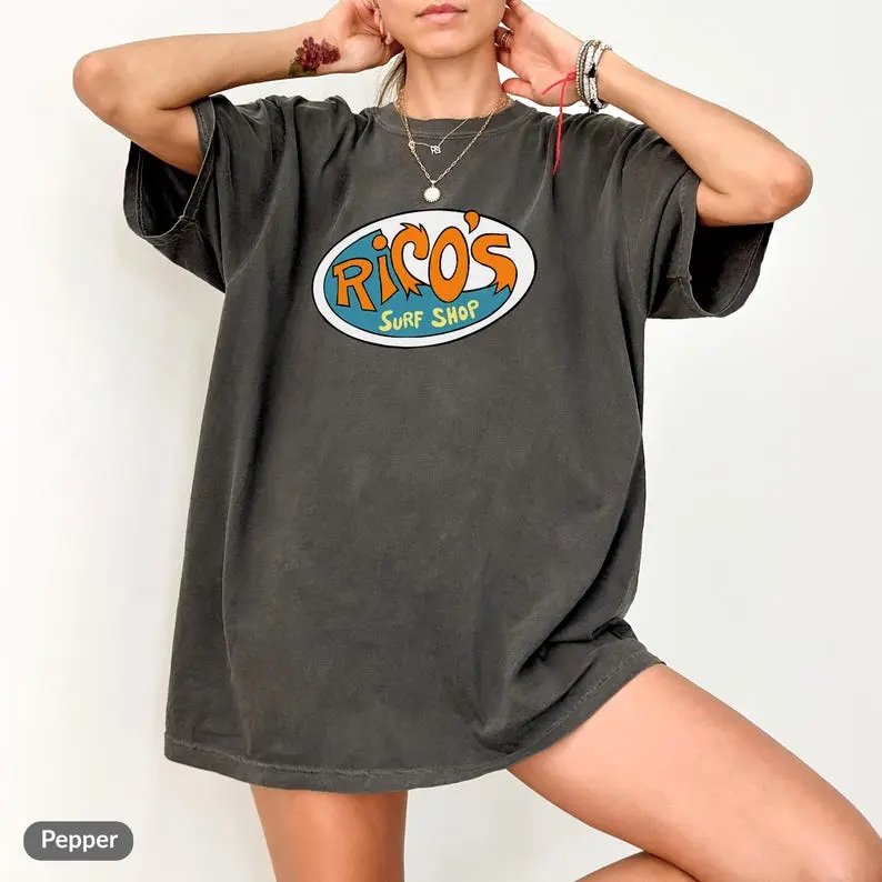 Men's Classic Baggy Cotton Graphic T-Shirt - Oversized, Casual, Loose Round Neck Menswear Top with Rico's Surf Shop Logo, Cotton Fabric for Family Vacation, Tshirt