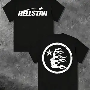 100% Cotton Hell Star Pattern Double Sided Printed T-Shirt, High Quality Crew Neck Casual Short Sleeve Top for Spring & Summer