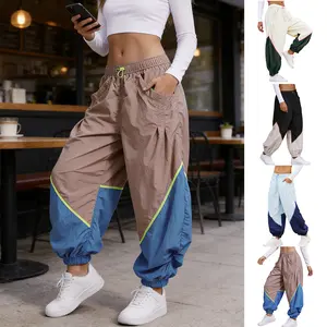 WoodBerry Women’s Slouchy Wide Leg Pants Elastic Adjustable Drawstring Waist Lightweight Quick Dry Sweatpants with Pockets Colorblock Loose Workout Track Pants