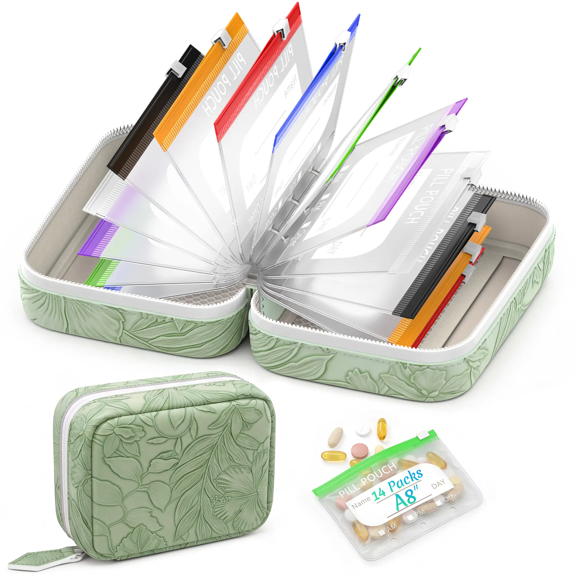 A8 Waterproof Pill Pouch Set, Travel Pill Organizer with 14 Color Pouches | Reusable Medicine Organizer, Large Weekly Pill Organizer, Zippered Pill Storage for Vitamins, Light Green Embossed Floral