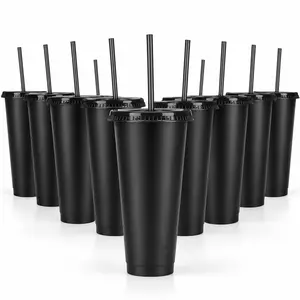 Stylish 24-Pack 24 oz Matte Black Reusable Plastic Cups with Lids and Straws, Cold Drink Tumblers for Parties, BBQs, Everyday Use