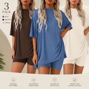 Women's 3 Pack Casual Loungewear Sets Loose Fit Short Sleeve Top & Shorts 2 Piece Outfits Soft Breathable Sleepwear for Home Everyday Wear Premium Lightweight Fabric - Pajama