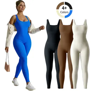 Women's Autumn Winter Sleeveless Square Collar Long Jumpsuit 90% Nylon 10% Cotton Comfortable Stretchy Ribbed Texture for Fitness Pilates Running Yoga Athletic Style Activewear