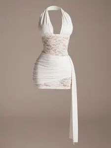 Spring Floral Lace Splicing Deep V-Neck Backless Dress,Graduation Dress. Summer Rave Festival Outfits