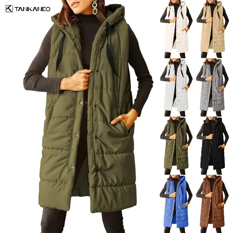 Tankaneo Women's Long Quilted Puffer Vest Sleeveless Hooded Button Down Padded Coats Jacket Outerwear with Pockets