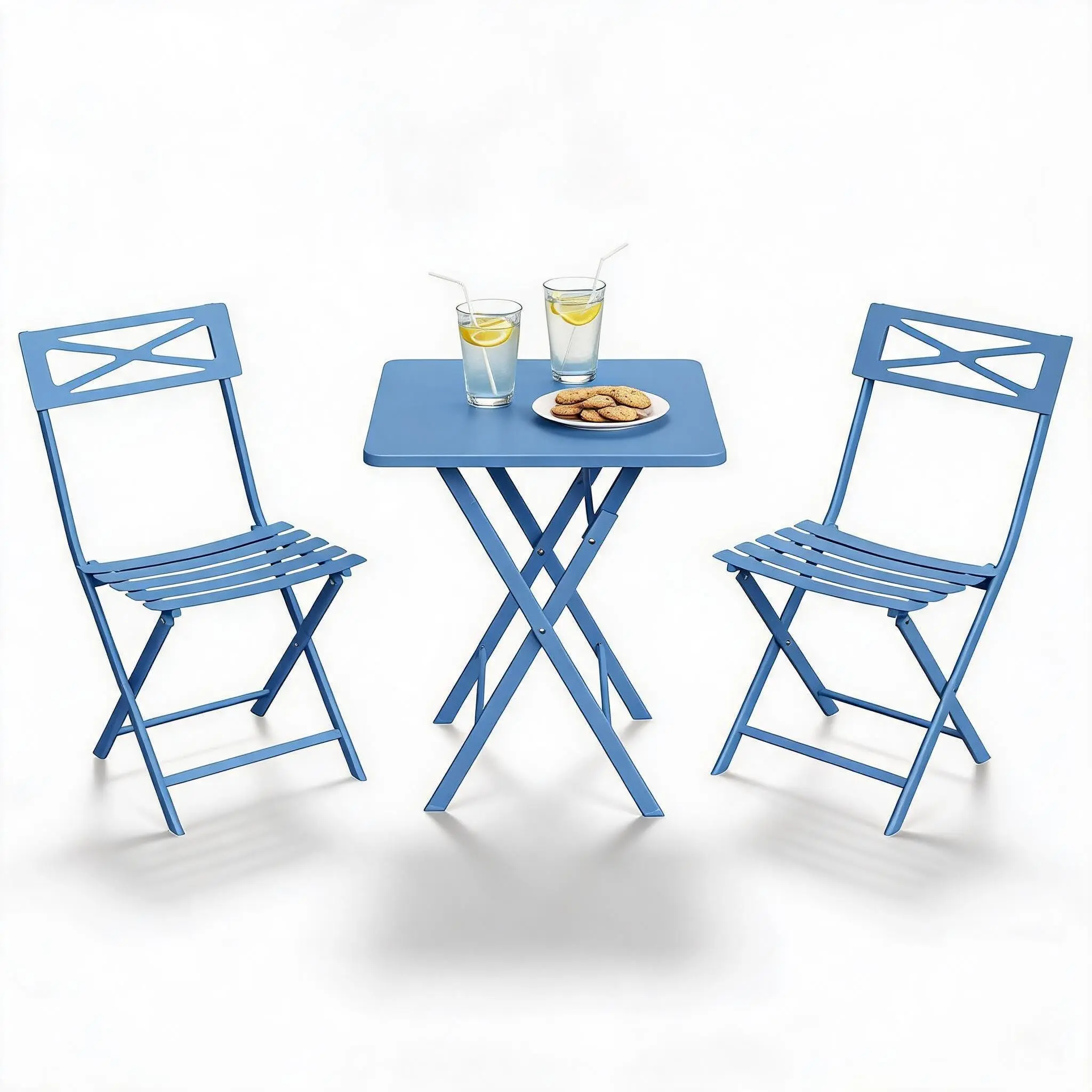 3-Piece Folding Bistro Set with Heavy Duty Iron Patio Table and 2 Chairs, Powder-Coated Outdoor Furniture for Balcony Garden Yard, Blue