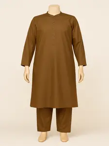 Men's Brown Shalwar Kurta Set Soft Grace Fabric XL Size All Seasons Deep Rich Brown Traditional Ensemble for Cultural Celebrations & Everyday Wear Mock Neck Design