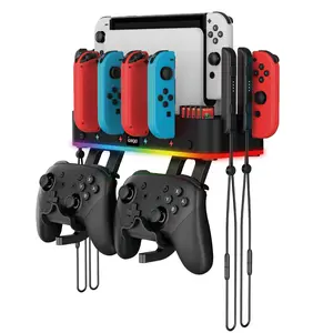 Multifunctional Wall Mounted Game Controller Holder with RGB Colorful Light, Game Controller Charging Station, Controller Charger, Console Accessories for Nintendo Switch & NS Switch OLED, Durability, Gaming Items, Game Peripherals