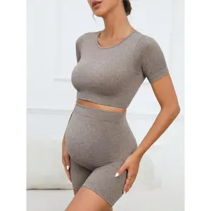 Maternity Women's Solid Color Short Sleeve Crop Top & High Waist Skinny Shorts Set, Casual Seamless  Top & Short Leggings, Two Piece Maternity Outfits for Daily Wear, Maternity Clothing, Pregnancy Clothes, Pregnancy Clothes, Pregnancy Must Haves