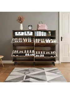 Brown Wooden Multifunctional Cabinet - Farmhouse Organizer with 4 Flip Drawers, Open Space, Freestanding Narrow Wall-Ready Rack for Entryway, Shoe Storage, Adjustable Home Decor