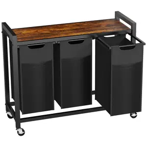 Laundry Hamper with 3 Pull-Out Removable Laundry Bags Clothing Sorter with Shelf and Wheels(Adjustable feet), 3 x 32.5 liters