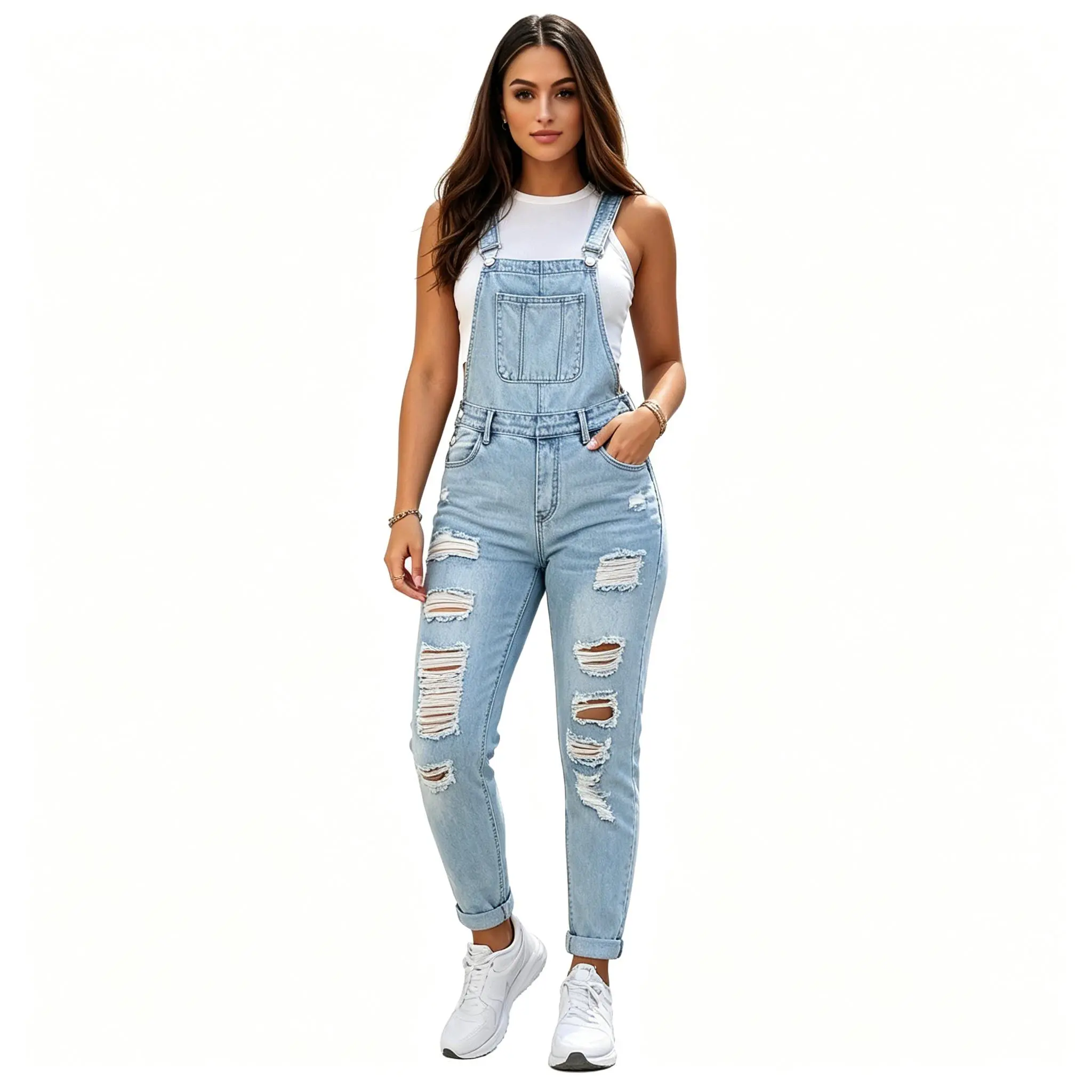 Women Ripped Denim Bib Overalls, Skinny Ankle Jean Jumpsuit, Blue Distressed Slim Fit Overalls with Adjustable Shoulder Straps, Fashion Casual Daily Denim Pants Basic Pocket