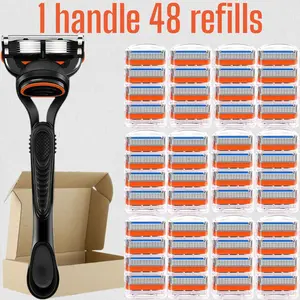 Men's Shaving Razor Set, 1 Handle & 12/24/36/48 Refills, Sharp Portable Design, Daily Care, Sealed Packaging, Dustproof Waterproof Rust-Proof