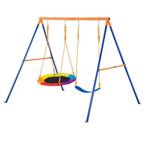 VEVOR Swing Sets for Backyard, 440lbs Load Capacity Swing Set, with 1 Saucer Swing Seat, 1 Belt Swing Seat, Heavy Duty A-Frame Metal Swing Stand and Adjustable Rope, Swingset Outdoor for Kids