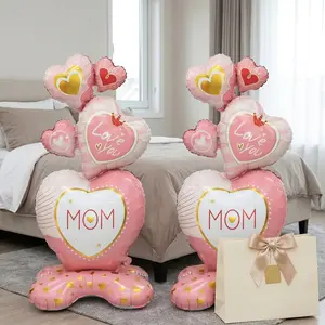 2pcs 60-Inch Pink Stacked Heart Aluminum Foil Balloons, Printed “Love You” & “MOM” for Mother’s Day Birthday Family Gathering Party Balloons Decorations Party Decor Heart Shaped Balloons