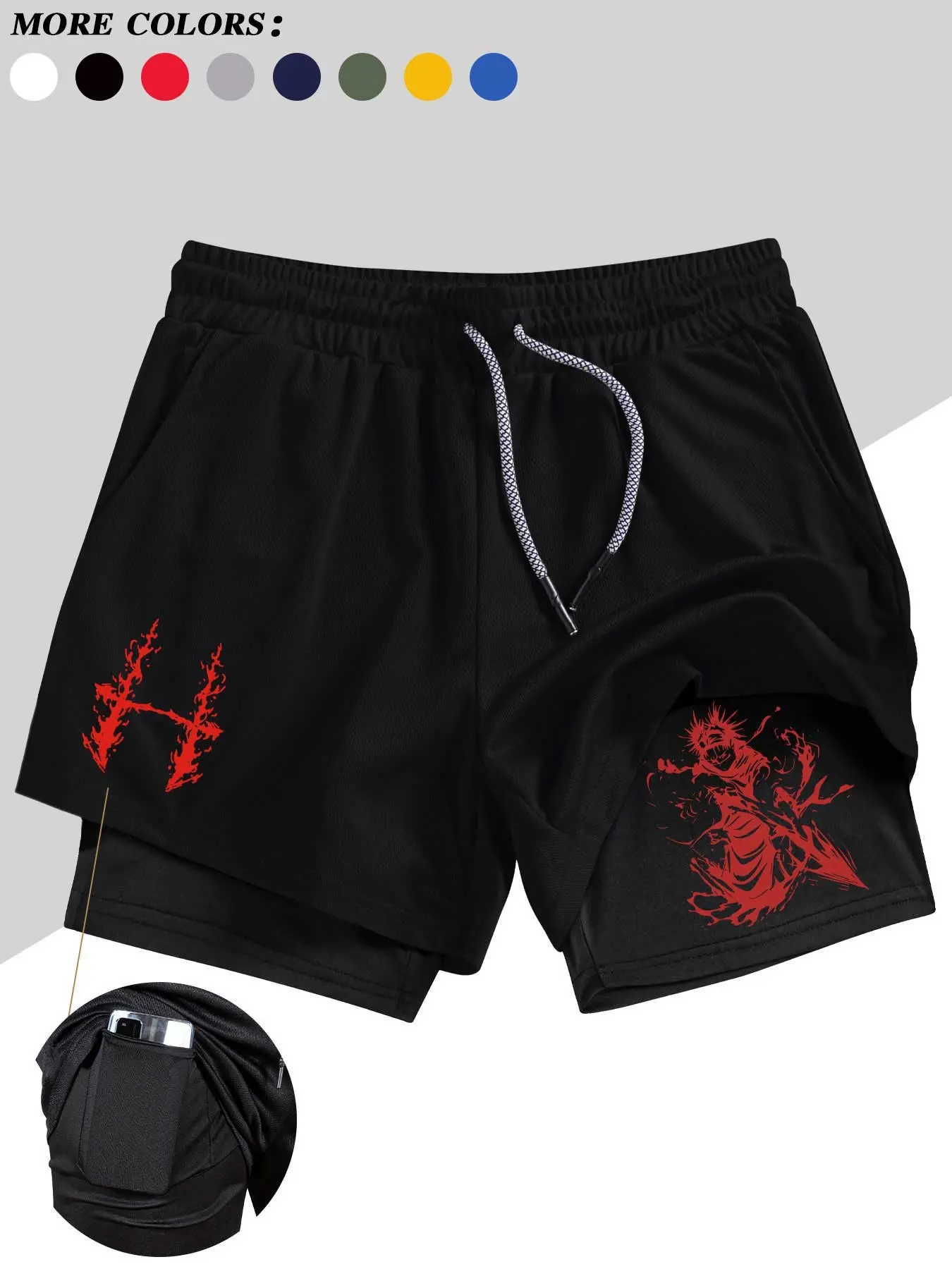 Men's double-layer athletic shorts, Performance Shorts, Running Sport Shorts, Outdoor Summer Shorts - featuring red print, soft breathable fabric, quick-drying, phone pocket, towel loop. Suitable for running, fitness training, outdoor activities