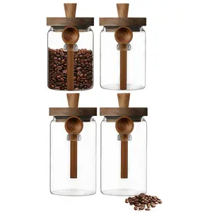 Arthink 2/4 Pack Glass Container with Wooden Handles Lid and Spoon Airtight Food Storage Jar for Kitchen Baking Coffee Beans Portable Round Jar Coffee Sets tiktokshopblackfriday christmas gift Thanksgiving Christmas Gift Set Stock Up
