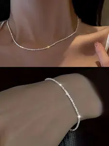 Fashion Elegant Simple Style Full Moon Chain Glitter Necklace Bracelet Set, Women Jewelry Accessories, Perfect Gift Idea, Matching Jewelry Set
