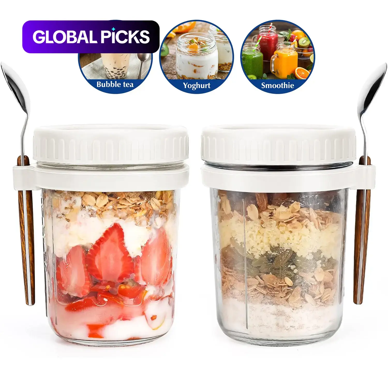 2-Pack 350 mL Overnight Oats Containers with Spoon and Lid, Sealed Meal Prep Glass Container Set, Food Storage, Kitchen Essentials #GLOBAL PICKS