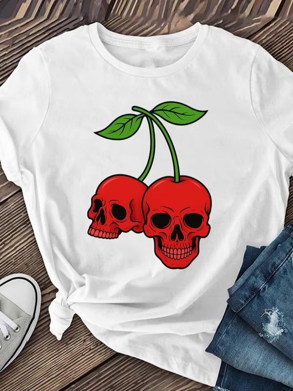 Women's Cherry Skulls Print Short-Sleeved T-Shirt - Regular Fit, Crew Neck, Comfortable Everyday Piece, Casual Warmer Style, Machine Washable Spring Summer Top