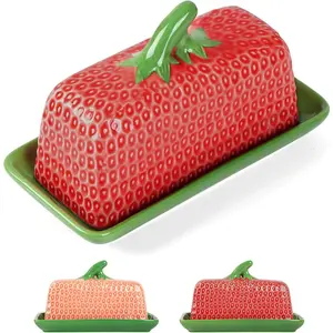 Cute Butter Dish With Lid For Countertop Strawberry Ceramic Butter Container Keeper Holder Festival Decorative Butter Tray Stroage Saver Plate,Can Contain 1*4oz Butter Stick