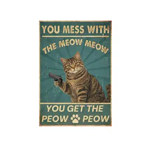 Retro Tabby cat Decorative Plaque, Humorous Metal Sign - 8x12 inch, Door Plate, Cat Friend, Bedroom, Cafe, or Kitchen, Gift for Cat Lovers