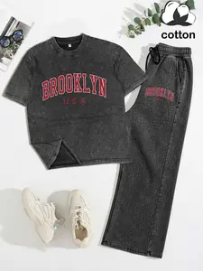 Cotton, American retro style "BROOKLYN" letter print, women's short-sleeved T-shirt and trousers two-piece set, casual round neck T-shirt and elastic trousers, summer daily wear, suit, Fitted, Fashion, Outfit