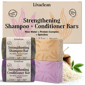 LivaClean Rice Water Shampoo Bar & Conditioner Bar 2 Pack for All Hair Types with Spirulina Matcha Hyaluronic Acid Sulfate & Paraben Free Bars for Women Hair Growth