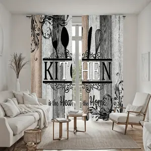 2Pcs Rustic Farmhouse Kitchen Decor Curtain Panel, Vintage Utensil Wood Grain Print Window Treatment for Dining Room, Cafe, Pole Pocket Style Semi Sunshade Anti Privacy Accessory