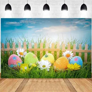 Photography Background Spring Easter Eggs Watering Can Daisies Lawn Fence Easter Theme Party Photo Studio Backdrop