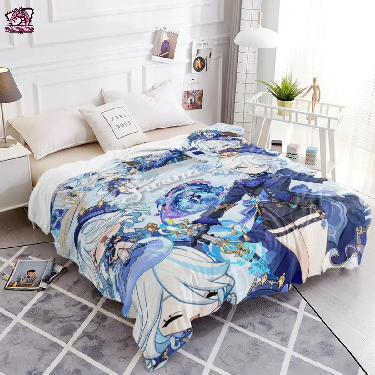 Genshin Impact Furina Complete Collage Throw - Fluffy Cozy Blankets, Soft Warm Anime Manga Character Graphic Fantasy Blanket, Vibrant Fontaine Thematic Aesthetic, Multi-Pose Art, Ideal for Hydro Archon Fans, 251110 Father's Day Gift, Soft Warm Blanket