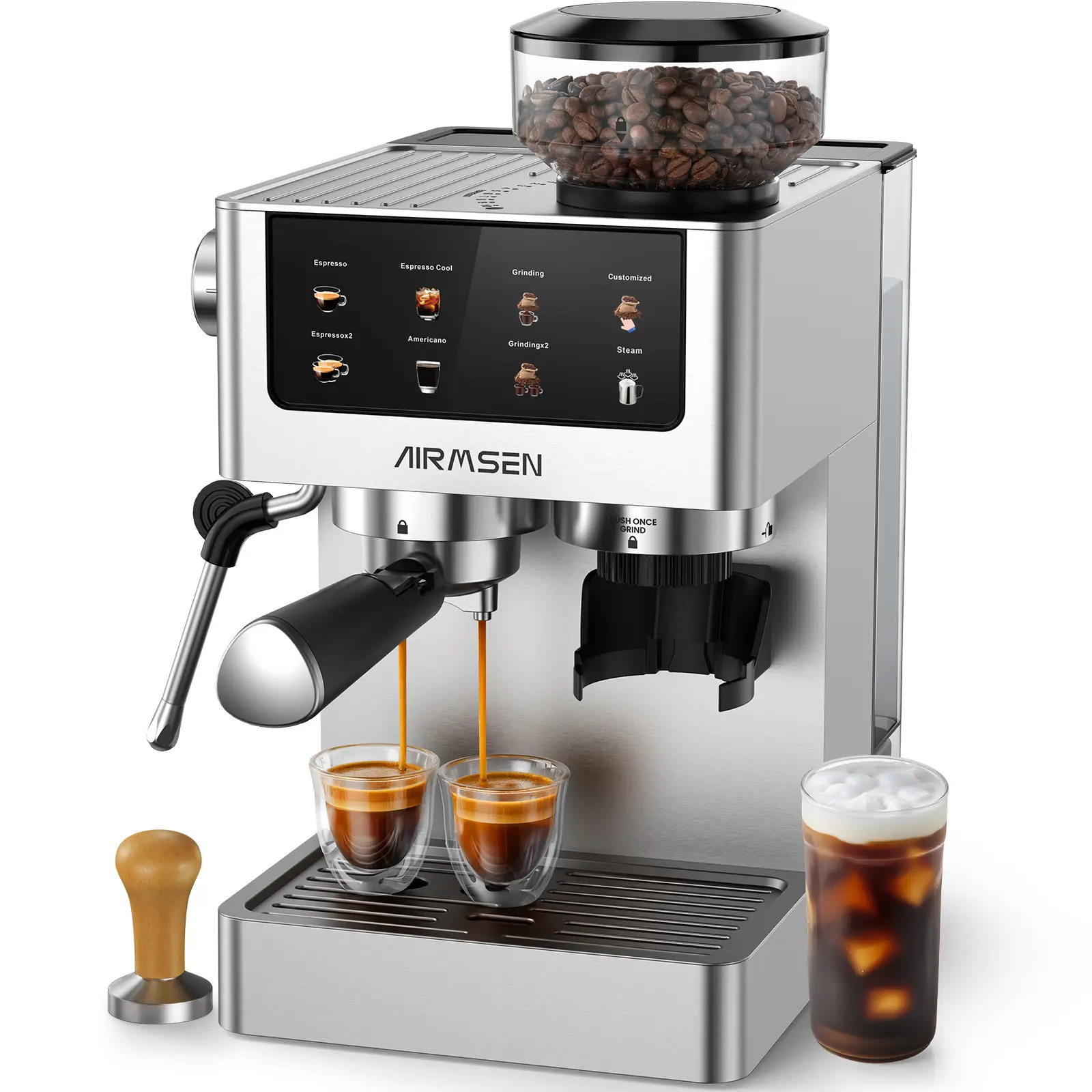 AIRMSEN Espresso Coffee Machine with Burr Grinder,20 Bar,Household Stainless Steel, Professional Espresso Maker with Removable Water Tank,Milk Frother BCM2316