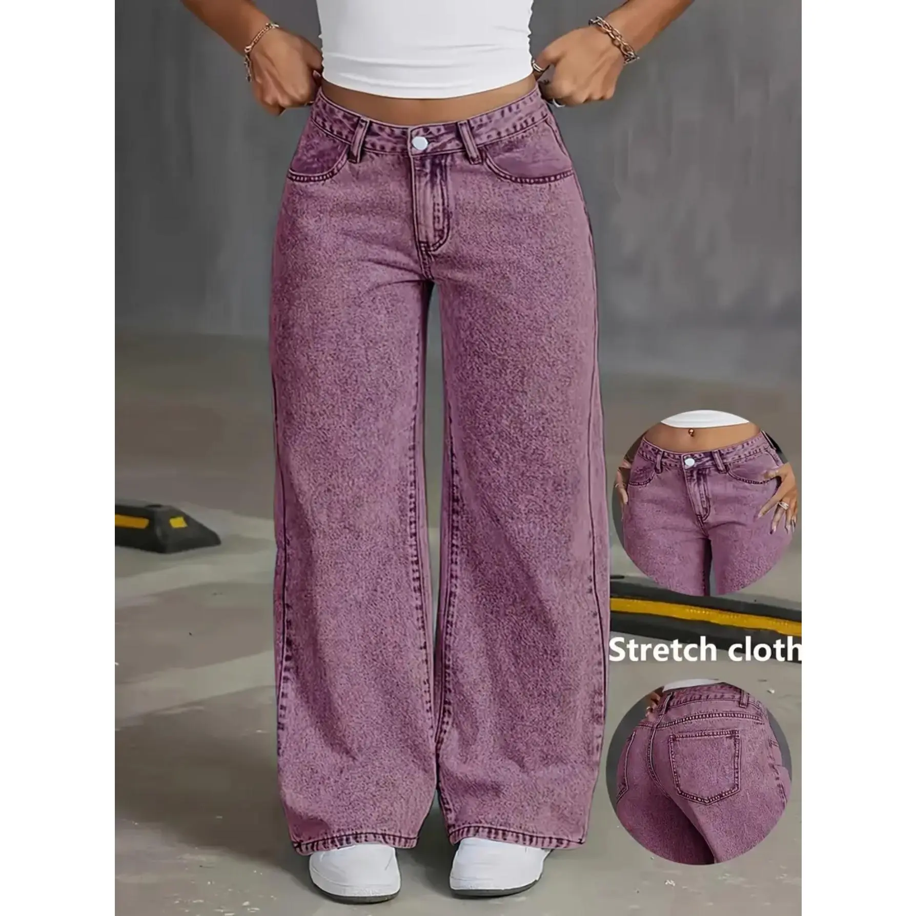 Women's Elegant Straight Leg Trouser in a Washed Look Polyester Fabric, Solid High Waist Floor Length Denim Pants for All Seasons, Cotton, Pocket, Bottom, Clothes, Lady