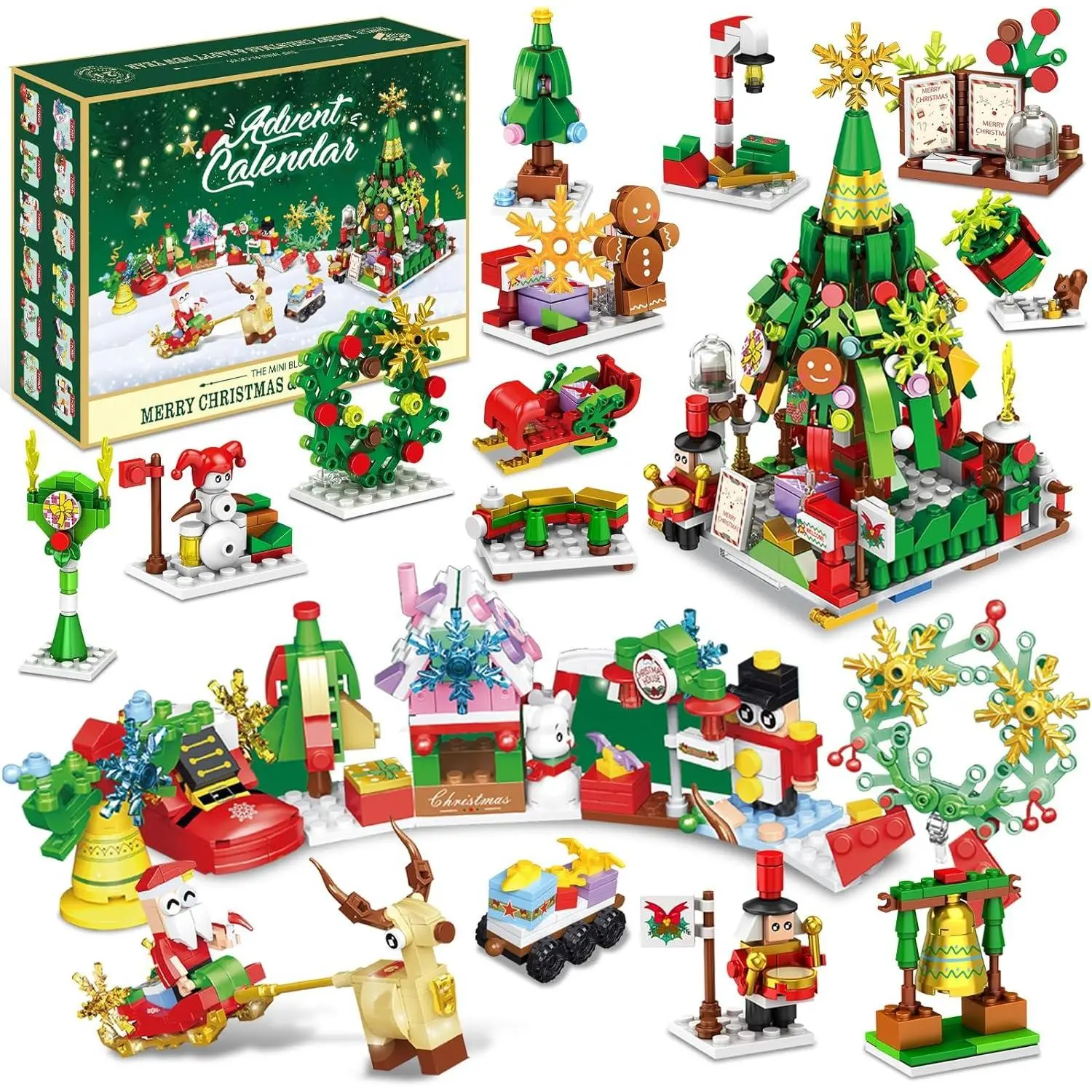 Christmas Advent Calendar Mini Building Set, 24 Days Christmas Countdown Building Block Kit with Xmas Tree Train, Holiday Gift Toy for Adults Teens Girls Boys Santa Figures Combo