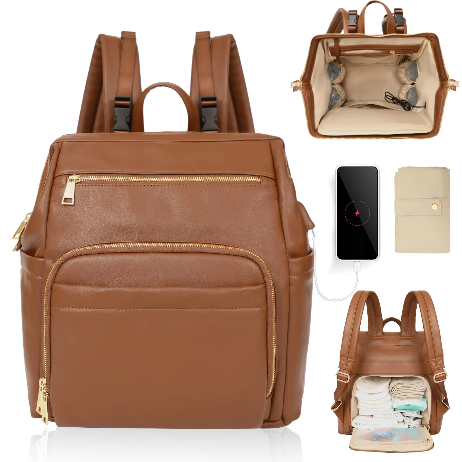 Miss Fong × Omanmoli Diaper Bag with USB Charging Port Diaperbag For On-the-go Work Trip, Casual Carry-on Travel Backpack Carry Luggage, with a Free Changing Pad Stroller Bag, Christmas Baby Shower Gift For Newborn Infant