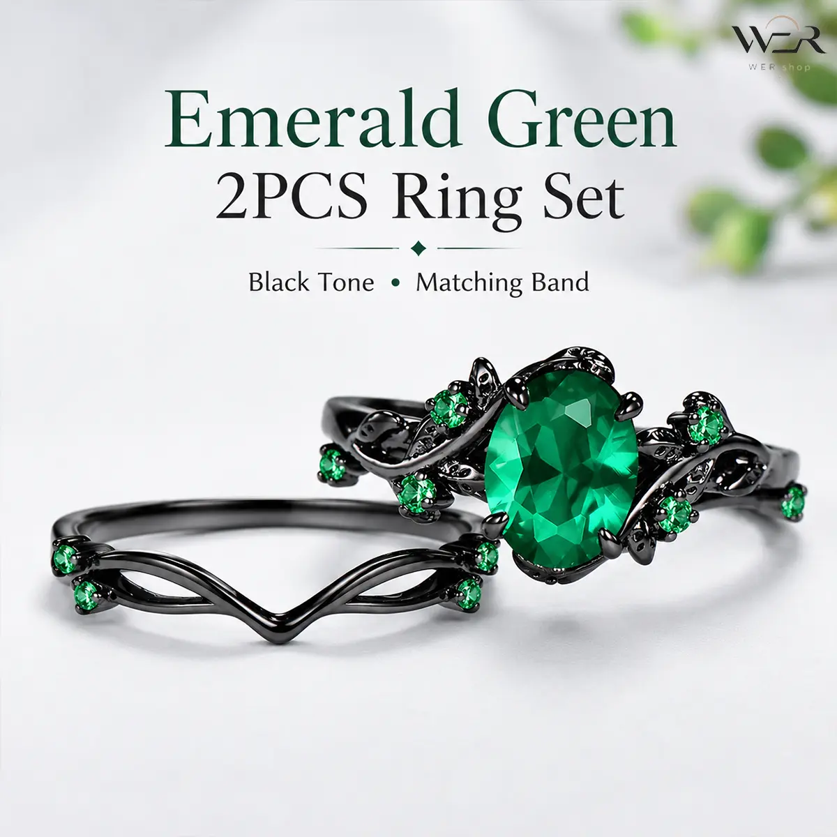 Gothic Fantasy Ring Set, 2-Piece Vintage Black Tone Bands for Women with a Large Oval Green Stone and Wavy Leaf Details, Promise Ring Gift, Rings For Women, Womens Gifts