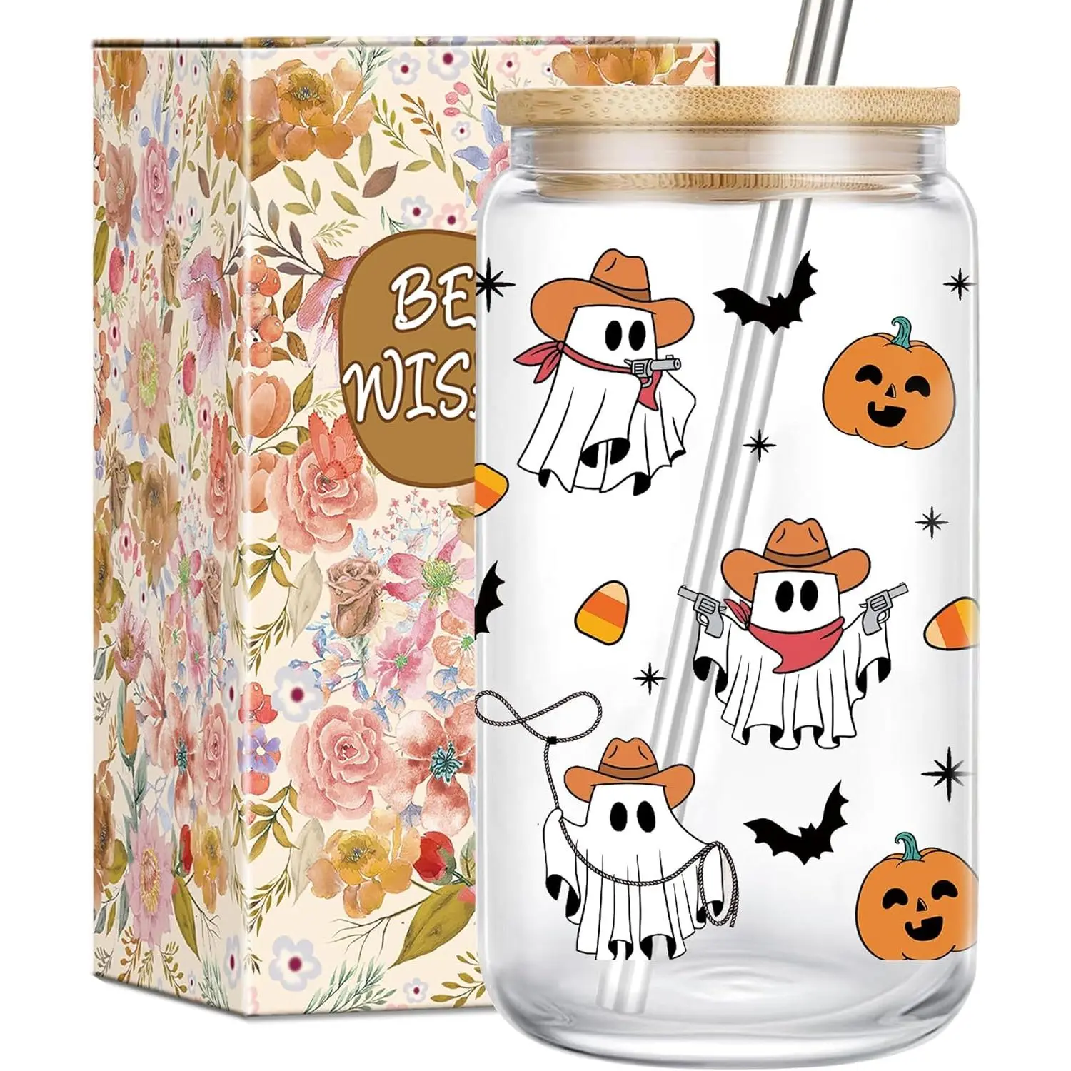 Cowboy Ghost Cup, Spooky Halloween Gifts for Women, Men,Funny Western Cowgirl Tumbler,16 oz Spooky Coffee Glass Cups w/ Straws, Halloween Gifts,Boo Basket Stuffers for Adults