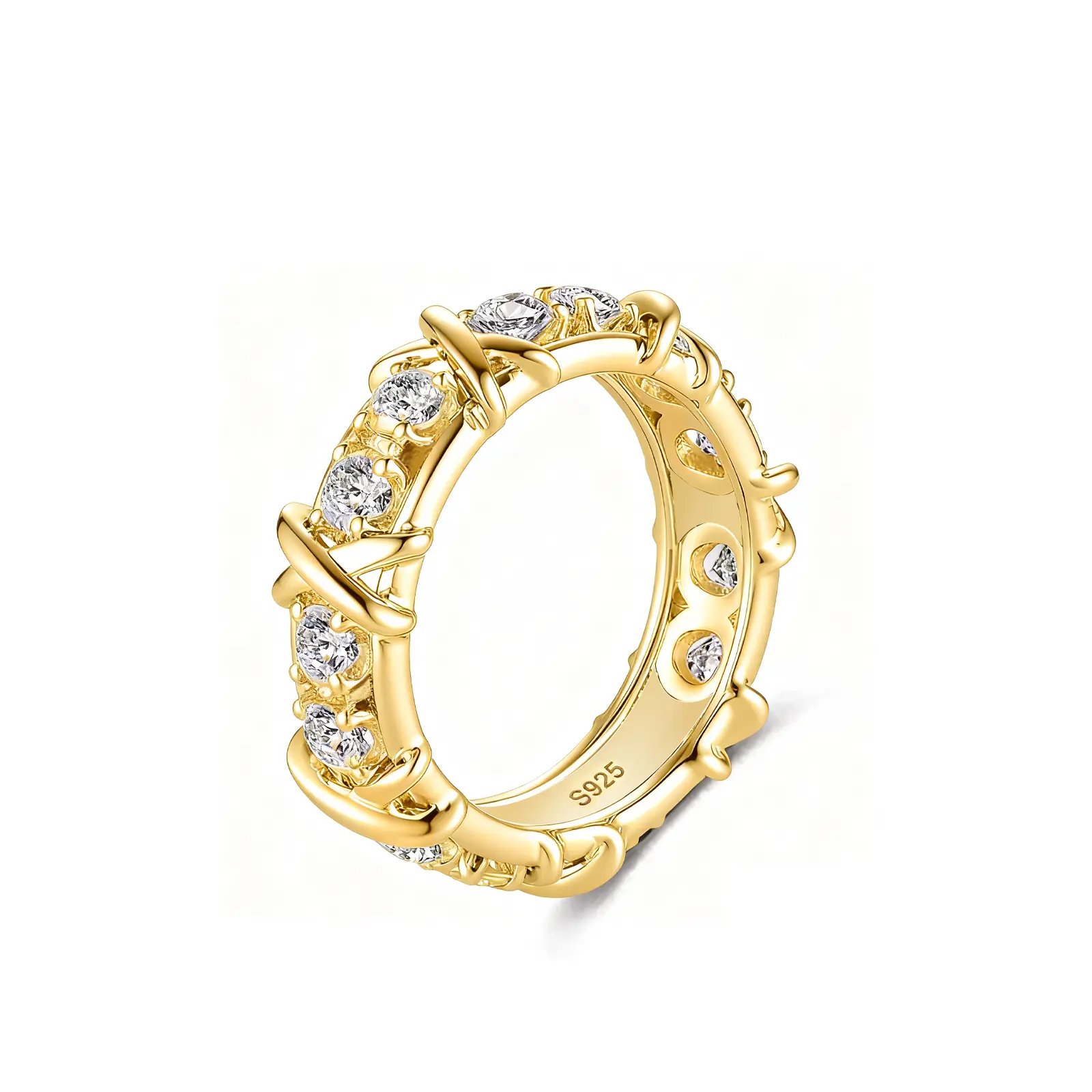 Sterling Silver Eternity Ring for Women, 14K Gold Plated Pavé Diamond Stackable Ring, X-Link Band Ring Sizes 5/6/7/8/9, Everyday Wear Wedding Band, Promise Anniversary Jewelry Gift for Her