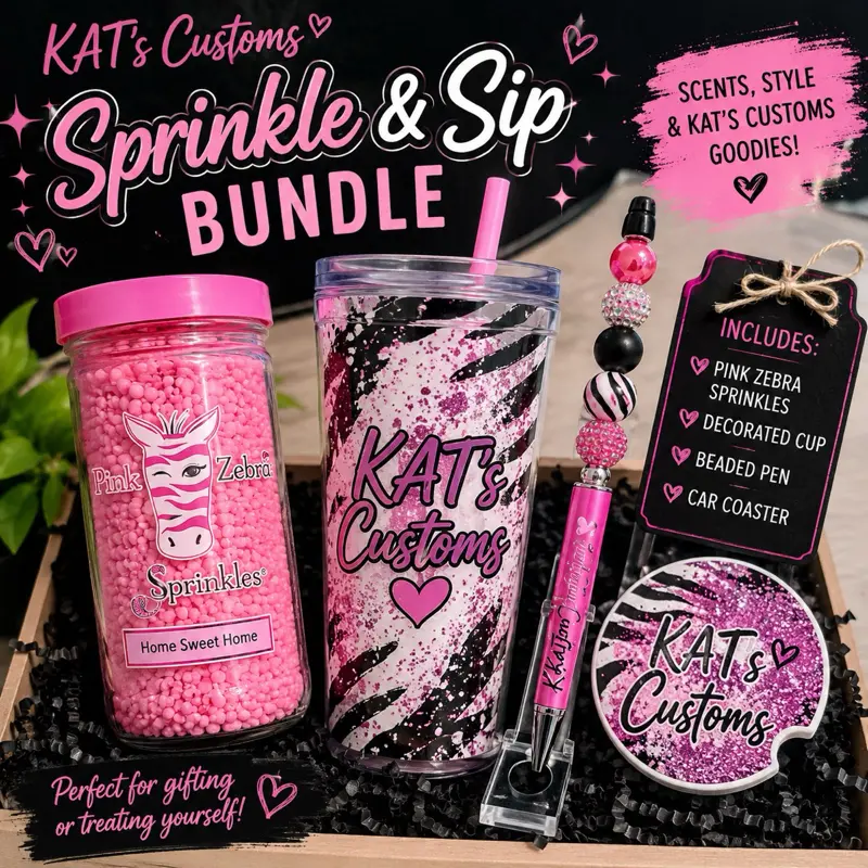 KAT's Customs Sprinkle & Sip Bundle - Pink Zebra Sprinkles, Decorated Cup, Beaded Pen, Car Coaster, Perfect for Gifting or Treating Yourself