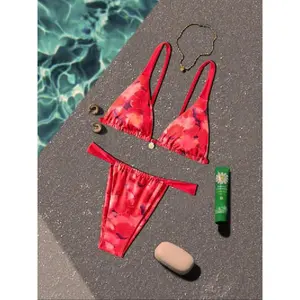 Women'sFloralPrintBikiniSet,SexyTieBackTriangleSwimBraandSwimThongSet,Women'sBeachVacationValentine'sDaySwimwear,Gift,BikiniSetTealOne-PieceSwimsuitGift