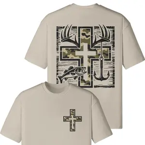 Faithful Outdoorsman T-Shirt - Camo Cross With Antlers, Fish, And Hook Design , Perfect For Christian Hunters And Anglers , Casual Outdoor Wear , Unique Gift , Comfortable Fit Menswear Unisex Classic Crew Neck Top