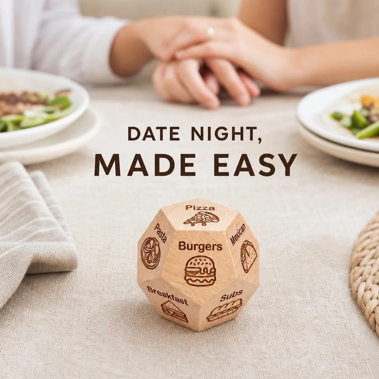 Wooden Food Decision Dice -  Couple Gifts for Adults, Fun Decision Maker with Smooth Grip Roll, Stocking Stuffers for Date Night, Birthday, Valentine's Day, Anniversary  for Him Her