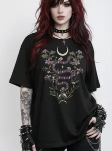 Trendy Outfit Goth Women's Short Sleeve T-Shirt with Mysterious Gothic Mori Style Print Snake Plant Moon Butterfly Moth Sexy Cute Tee