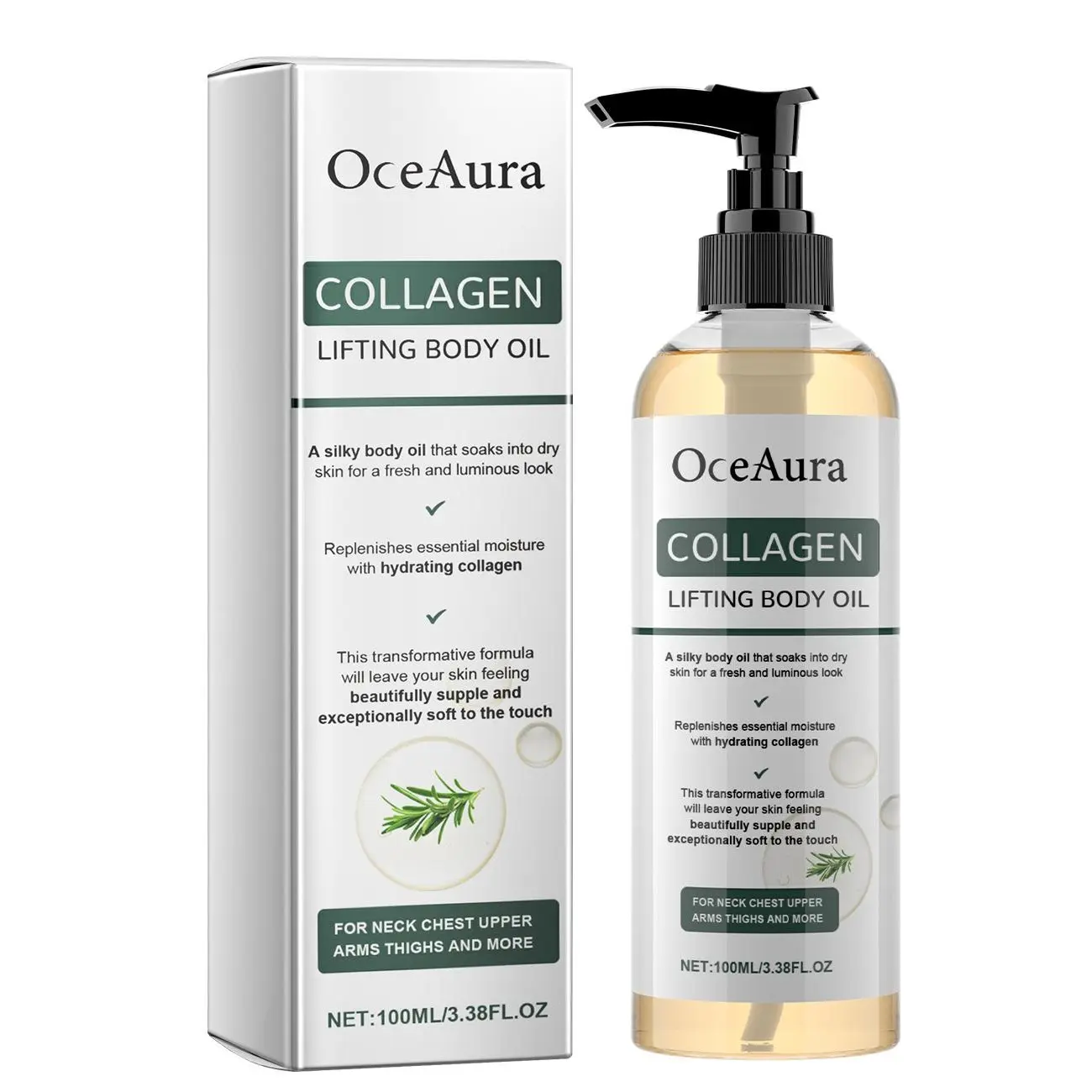 OCEAURA Collagen Lifting Body Massage Oil - 100ml/3.38 fl oz, Deep Hydrating Moisturizer for Dry Rough Skin, Boosts Elasticity, Smooths Texture, Lightweight, Non-Greasy, Nourishing for All Skin Types, Men & Women Body Oil collection full Body care