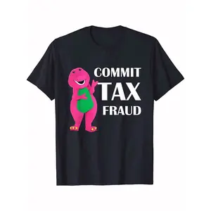Men's Funny 'Commit Tax Fraud' Graphic Tee - 100% Cotton, Breathable & Stretchy Casual Round Neck T-Shirt, Regular Fit, Black with Purple Dinosaur Design, Machine Washable