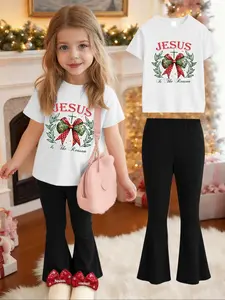 【Two-piece set】Girls' Christmas fashion set: Christmas element bowknot, letter printed T-shirt + casual flared pants. Eye-catching outfit for the festival, a must-have trendy clothing for children's Christmas season. Fashion Style Sets