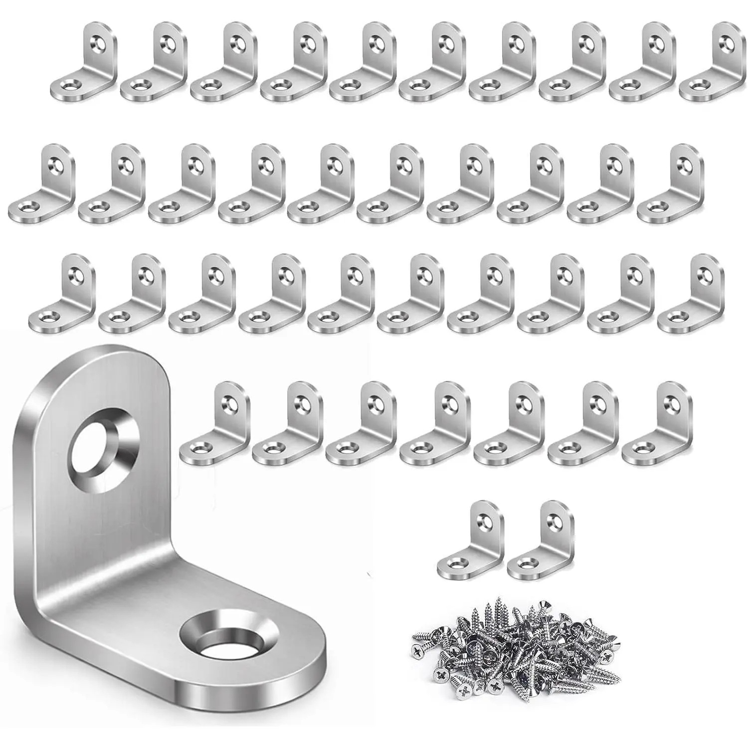 40 count Stainless Steel L Brackets with 80 Screws, Small Right Angle Corner Braces, 0.79 x 0.79 Inch Metal Brackets for Shelves, Cabinets, Drawers, Chairs and  Furniture.