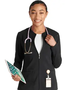 CK ATMOS Women's Zip Front Scrub Jacket - Modern Classic Fit, Stand-Up Collar, Eco-Conscious Stretch Fabric, Knit Panels, Front Yoke Seams, Box Pleat, 2 Front Pockets
