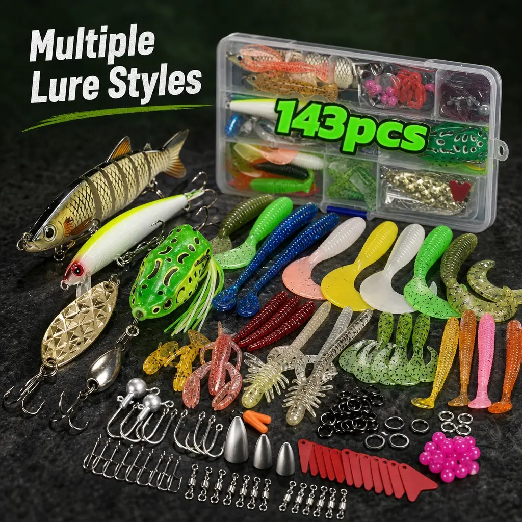 143-Piece Outdoor Fishing Lure Set, Fishing Supplies, Fishing Gear, Artificial Fishing Lures, Includes Hard Baits, Saltwater Lures, Flashers, Crawlers, Full Water Layer, Ideal for Bass, Trout, Carp, Perfect Gift, Fishing Lure Kit