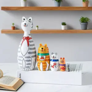 Handmade Wooden Cat Nesting Dolls Set, Lovely Matryoshka Figurine for Kids, Home Decoration & Special Gift, Unique Collectible Toy
